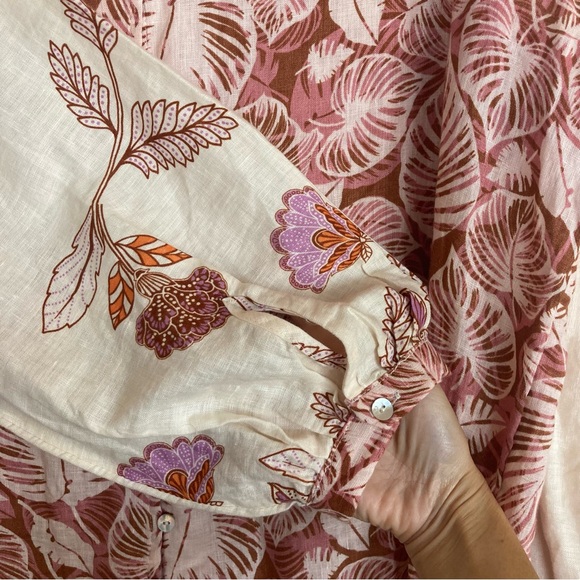 Tahari Linen Long Sleeve Floral Monstera Leaf Button V Neck - Picture 4 of 7